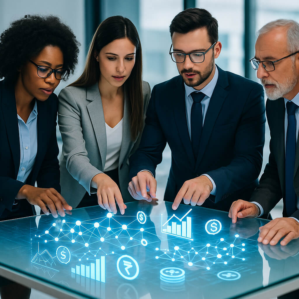 Business professionals collaborating over digital financial interface representing Ventariom Global's AI-governed capital system design