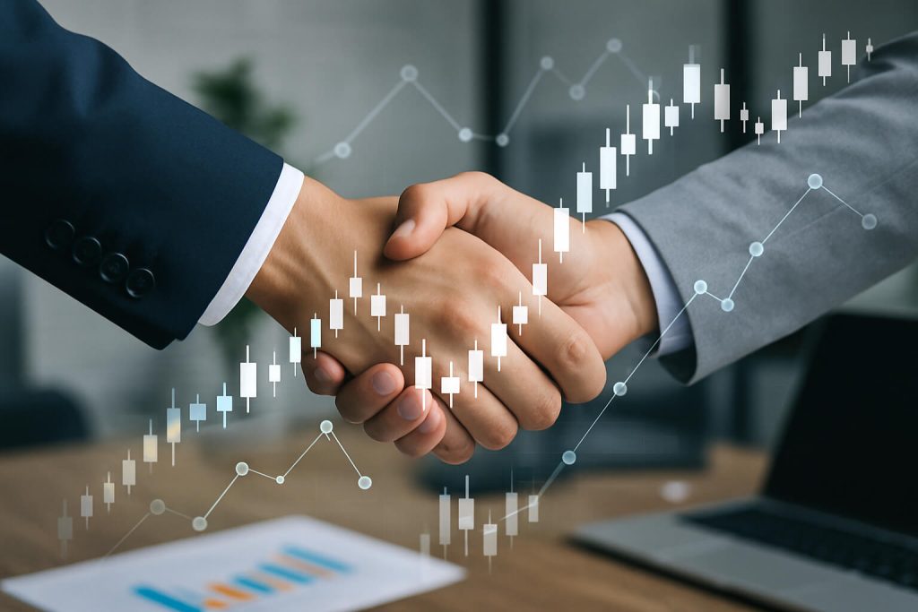 Handshake over financial data chart representing Ventariom Global’s strategic partnership and capital structure engagement model